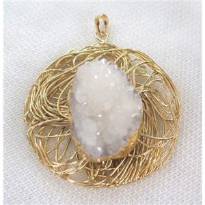 white druzy quartz pendant, gold plated, approx 60mm dia