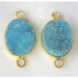 druzy quartz connector, oval, blue AB-color, approx 10x14mm