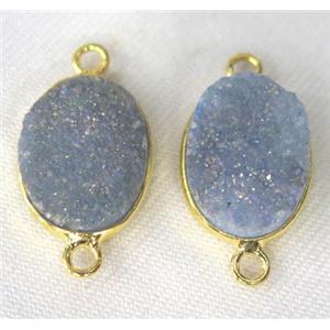 druzy quartz connector, oval, lt.blue AB-color, approx 10x14mm