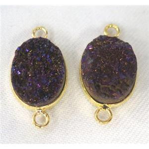 druzy quartz connector, oval, purple electroplated, approx 12x16mm