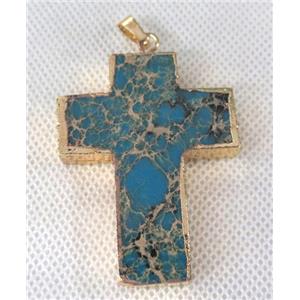 Sea Sediment cross pendant, blue, approx 30-50mm