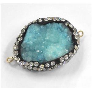 aqua druzy quartz connector with rhinestone, freeform, approx 20-25mm