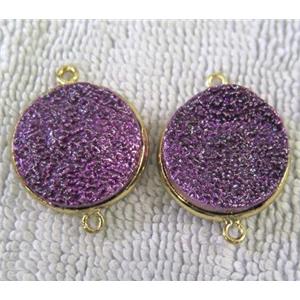 metallic quartz druzy connector, flat-round, purple electroplated, approx 20mm dia