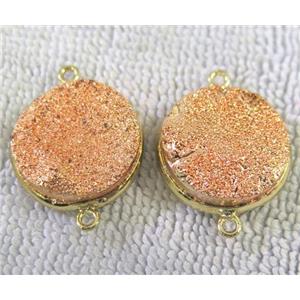 metallic quartz druzy connector, flat-round, rose-gold electroplated, approx 20mm dia