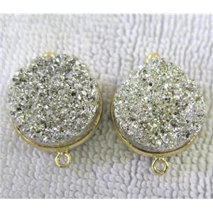 metallic quartz druzy connector, flat-round, silver electroplated, approx 20mm dia