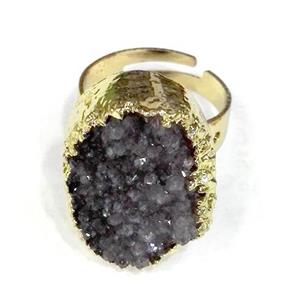 druzy quartz ring, freeform, grey, approx 12-20mm