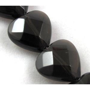 Smoky Quartz beads, faceted heart, 14mm dia, approx 31pcs per st, grade A