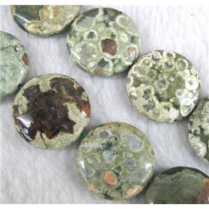 natural Rhyolite beads, flat round, green, approx 14mm dia