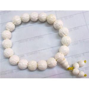 tridacna shell bracelet, carved, lotus, white, 8 inch length, bead:16mm,13pcs per st