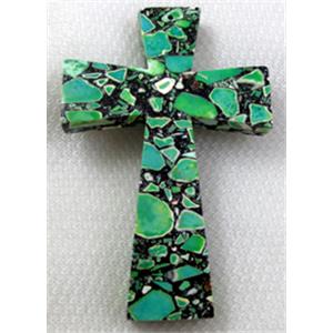 mosaic flower turquoise cross pendant, green, 60x90mm