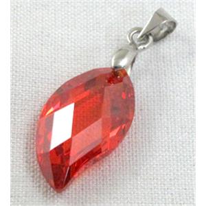 Cubic Zirconia leaf pendant, red, 10x20mm