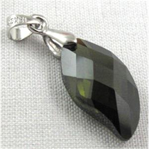 Cubic Zirconia leaf pendant, olive, 10x20mm