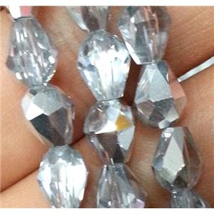 Chinese crystal glass bead, faceted teardrop, half silver plated, approx 8x12mm, 60pcs per st