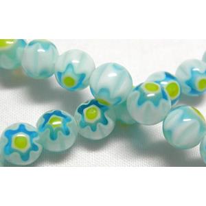 16 inch String of Round Millefiori Glass-Single flower, 6mm dia, 69beads per st