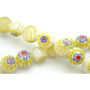 16 inch String of Round Millefiori Glass-Single flower, 6mm dia, 69beads per st