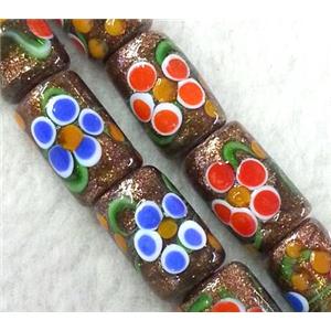 lampwork bead with flower and goldsand, round tube, 10x20mm