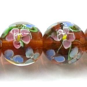 glass lampwork beads, round, flower, red, 20mm dia