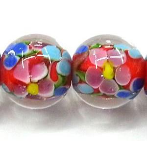 glass lampwork beads, round, flower, red, 20mm dia