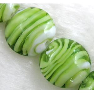 lampwork glass beads, flat-round, swirl line, green, 20mm dia, 20pcs per st