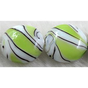 zebra lampwork glass beads, flat-round, olive, 20mm dia