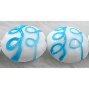 handcraft glass lampwork beads, flat-round, line, aqua, 20mm dia