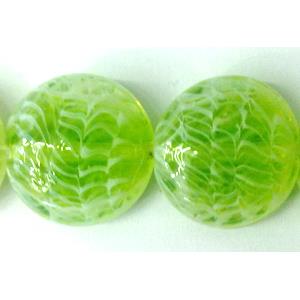 lampwork glass beads, flat-round, line, olive, 20mm dia, 20pcs per st