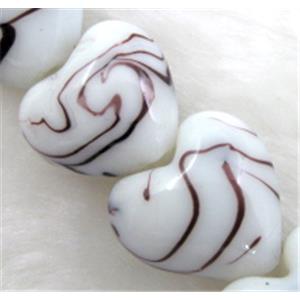 lampwork glass beads, heart, purple stripe, white, 15mm dia, 25pcs per st