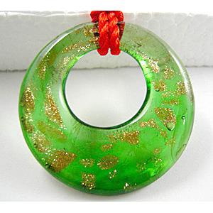 Lampwork Glass GoGo Pendant with goldsand, green, 45mm dia