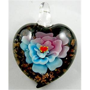 Lampwork Glass Pendant with goldsand, heart, flower, blue, 30x35mm