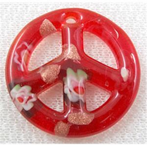 glass lampwork pendant, peace sign, ruby, 50mm dia