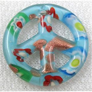 glass lampwork pendant, peace sign, blue, 35mm dia