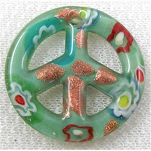 glass lampwork pendant, peace sign, green, 35mm dia