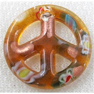 glass lampwork pendant, peace sign, golden, 35mm dia