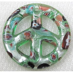 lampwork glass pendant with silver foil, peace sign, green, 50mm dia