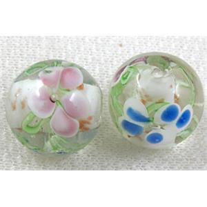 glass lampwork beads with goldsand, round, flower, white, 20mm dia