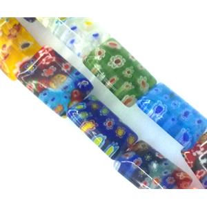 Millefiori glass bead, rectangle, mixed, 8x10mm, 40pcs per st