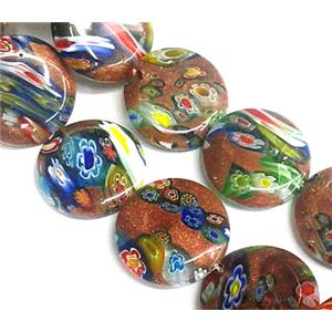 Millefiori glass bead with goldsand, flat-round, mixed, 10mm dia, 40pcs per st