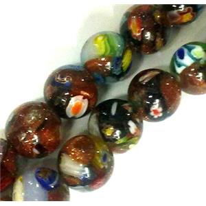 Millefiori glass bead with goldsand, mixed, round, 8mm dia, 50pcs per st