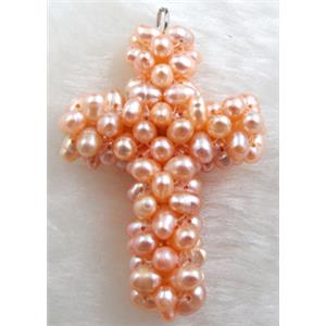 freshwater pearl pendant, cluster, cross, handcraft, pink, 33x45mm