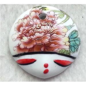 Painted oriental Porcelain pendant, approx 36mm dia