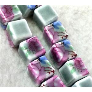 Porcelain beads, cube, approx 10x10x10mm, 3mm hole