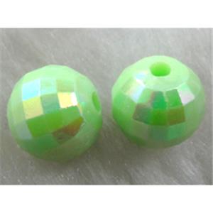 Resin Beads, faceted round, green AB-Color, 14mm dia, approx 740pcs