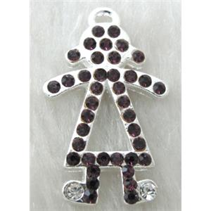 Alloy pendants paved dark-purple rhinestone, silver plated, 20x32mm, 46pcs rhinestone