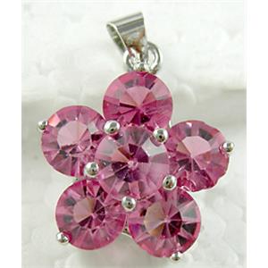 Mideast rhinestone flower pendant, copper, platinum plated, hotpink, 18mm dia