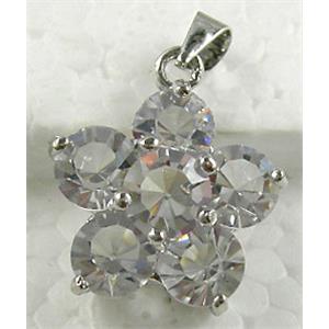 clear Mideast rhinestone flower pendant, copper, platinum plated, 18mm dia