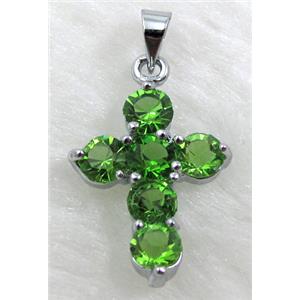 Rhinestone, Cross Pendant, Green, 15x23mm