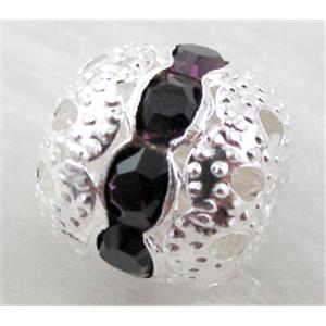 Rhinestone, copper round bead, silver plated, deep purple, 6mm dia