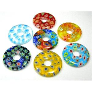 Millefiori glass donut pendant-multi flower mixed, approx 20mm