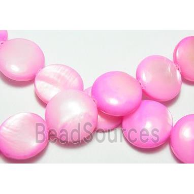 15.5 inches string of freshwater shell beads, flat-round, hot-pink