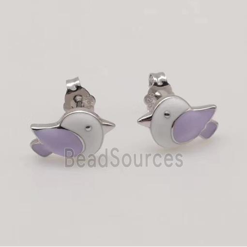 sterling silver birds Earring studs, lavender enamel